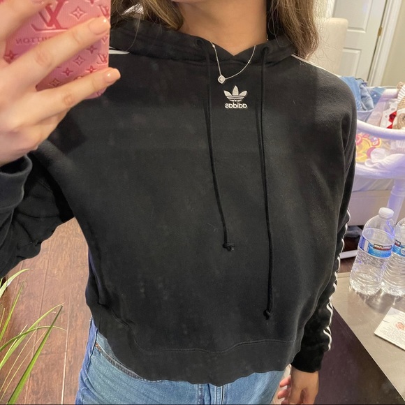 Cropped Adidas Hoodie Stripes Black size Medium - Picture 3 of 3